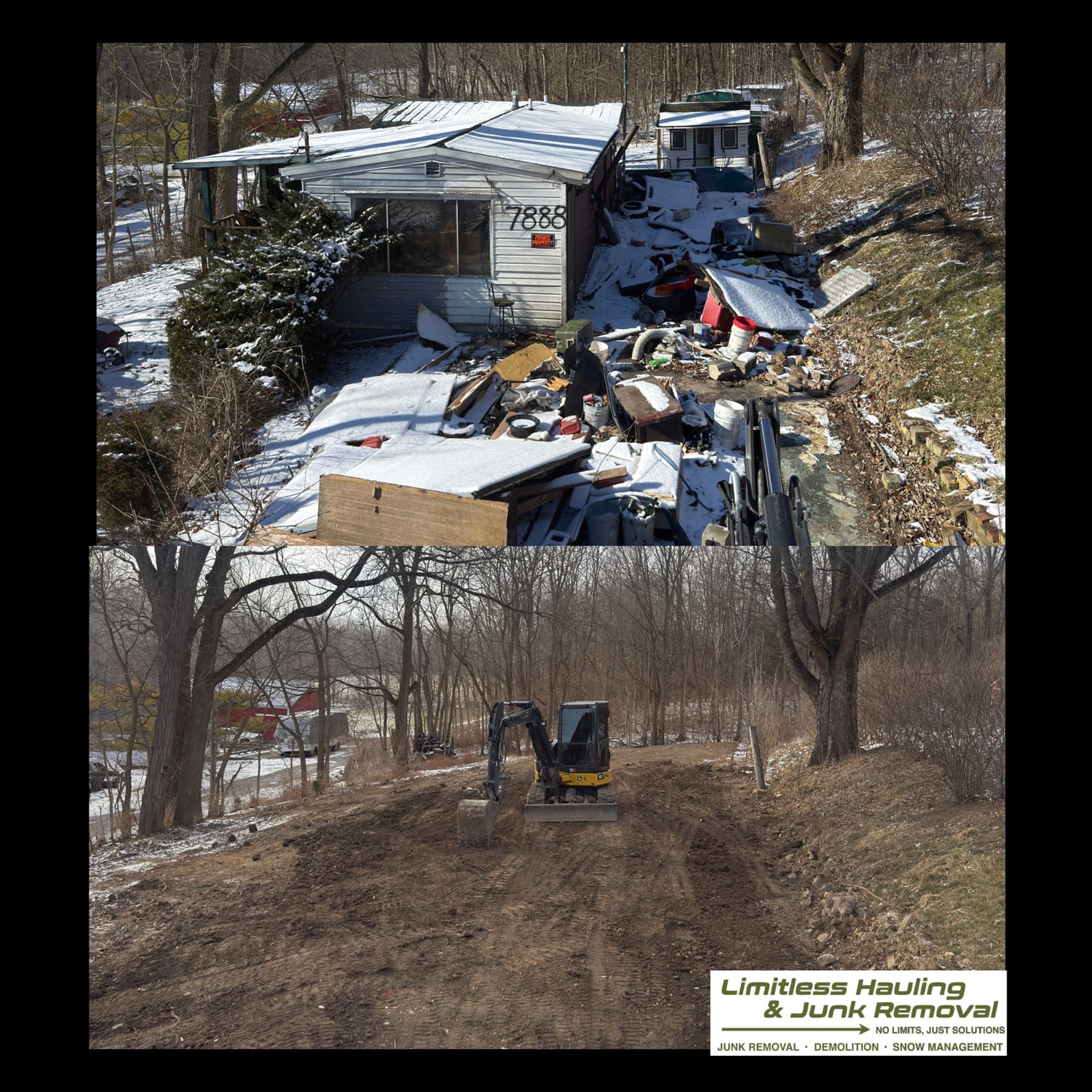 Before and after: a yard piled with discarded furniture and household waste, then the same yard cleared