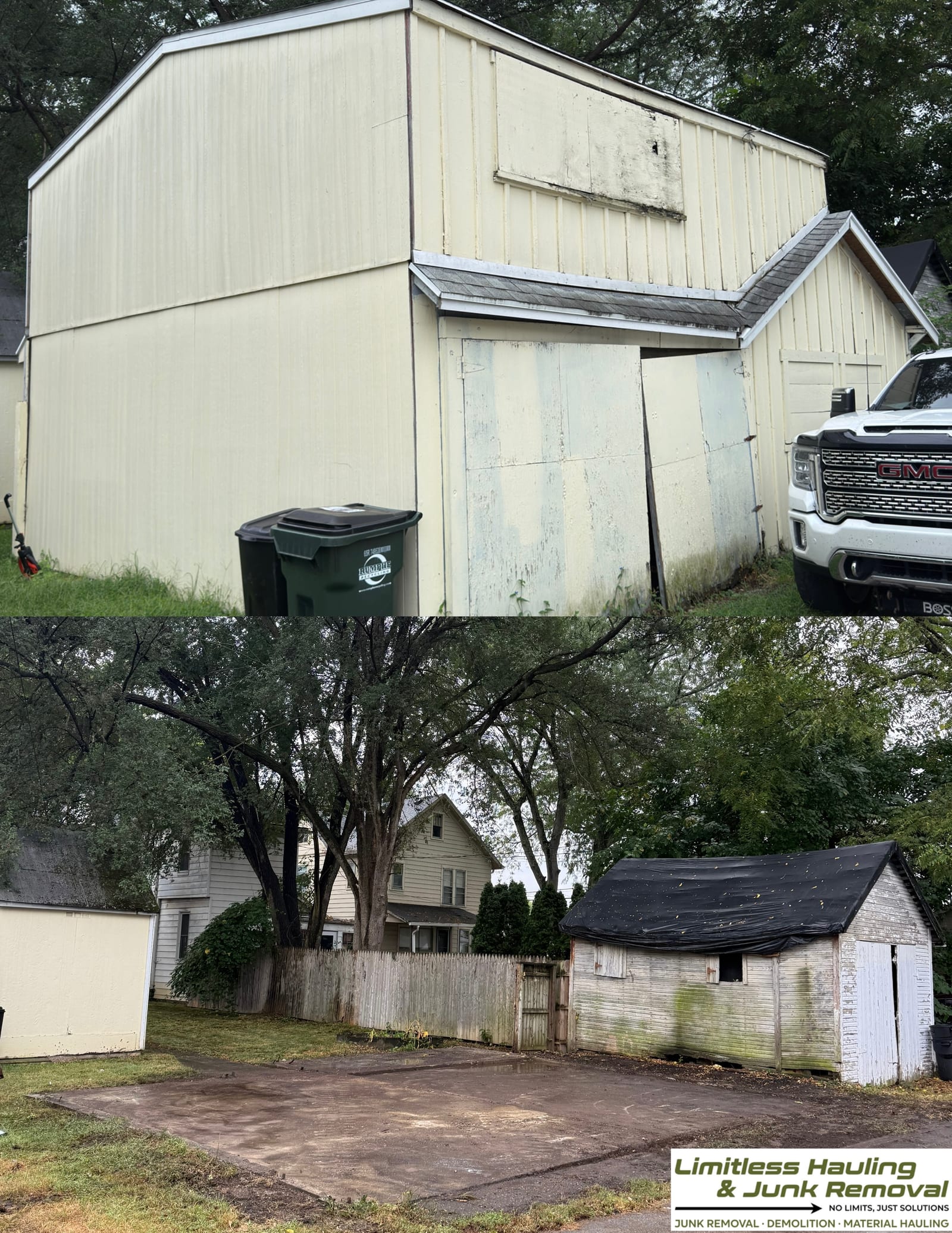 Before and after: a property cleared of accumulated waste, shown as two photographs