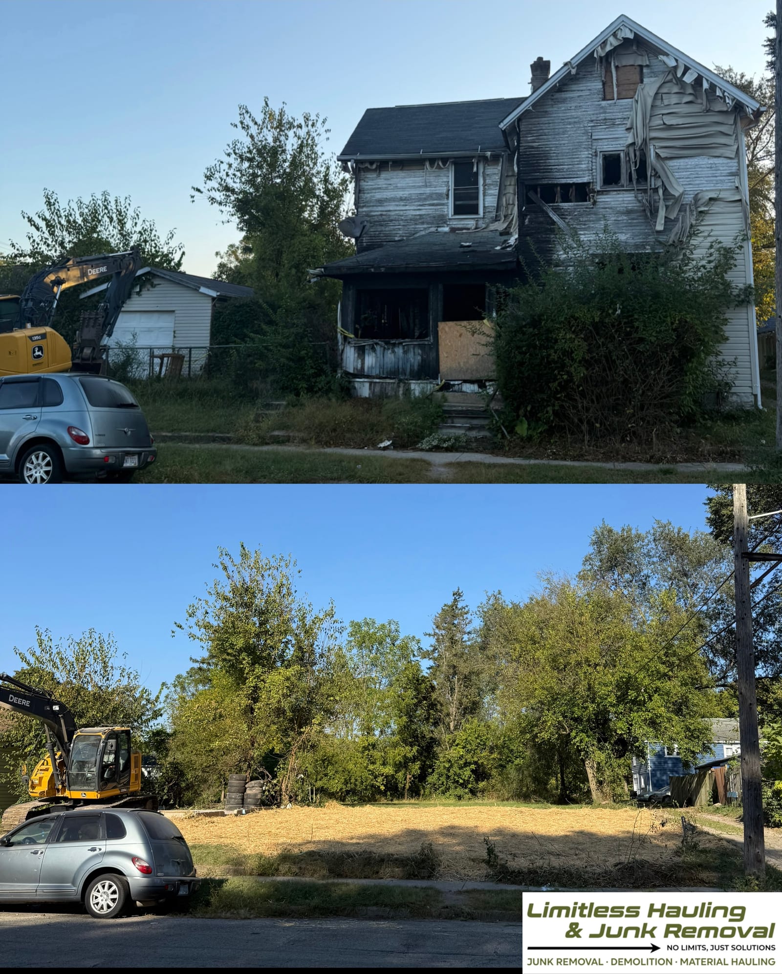 Before and after: a derelict house cleared and demolished, leaving a level, empty lot