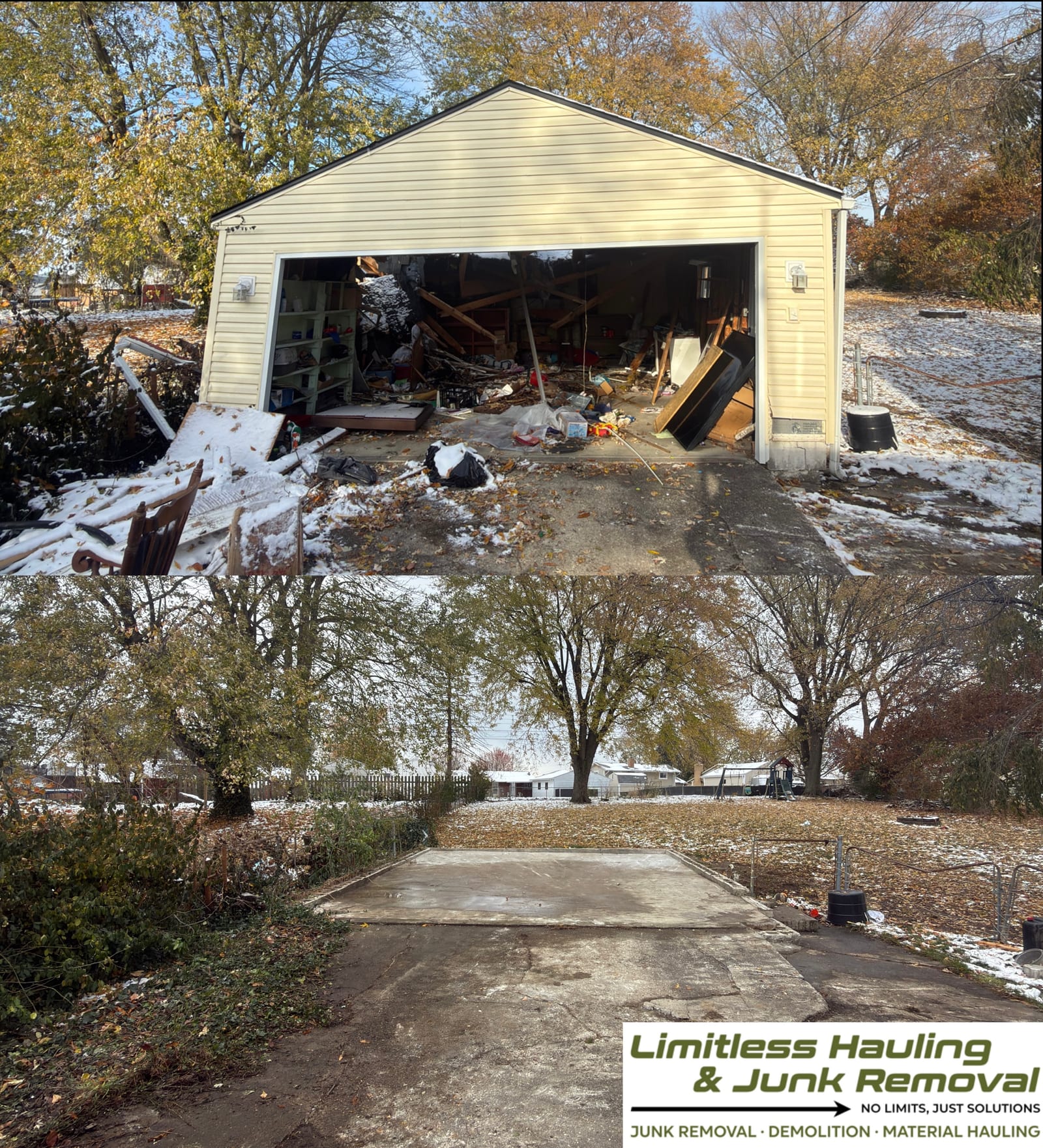 Before and after: a collapsing detached garage removed and the ground leveled