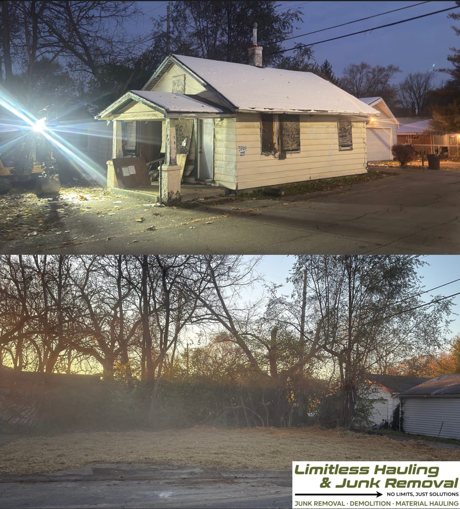 Before and after: a fire-damaged house cleared to open ground