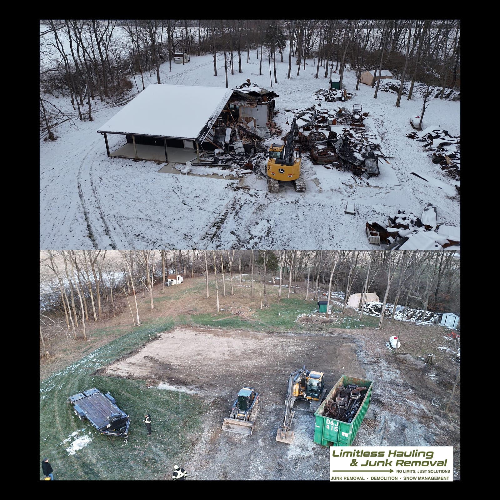 Aerial before and after of a winter property clearance, snow-covered debris removed