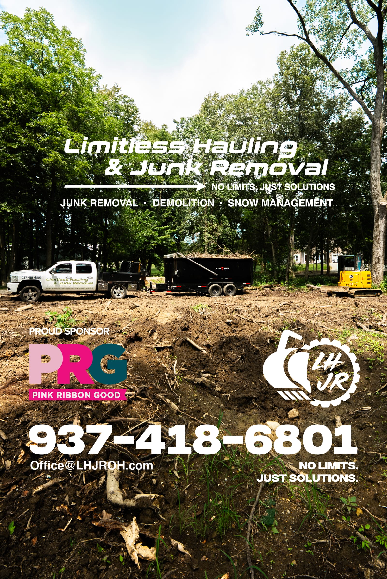 Limitless pickup trucks and a dump trailer on a cleared work site