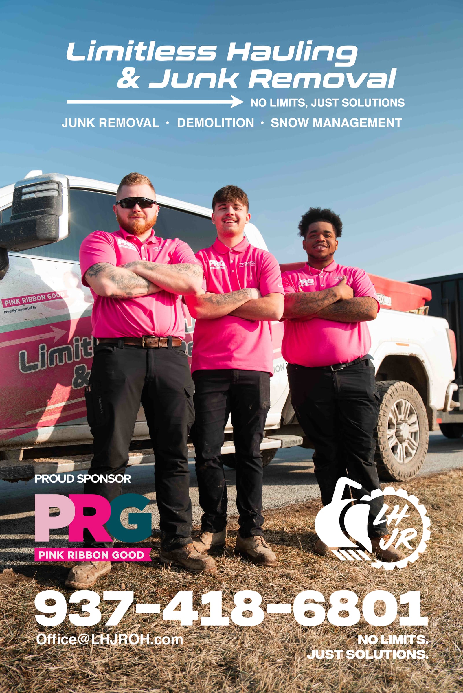 The Limitless crew in Pink Ribbon Good sponsor shirts in front of a company truck