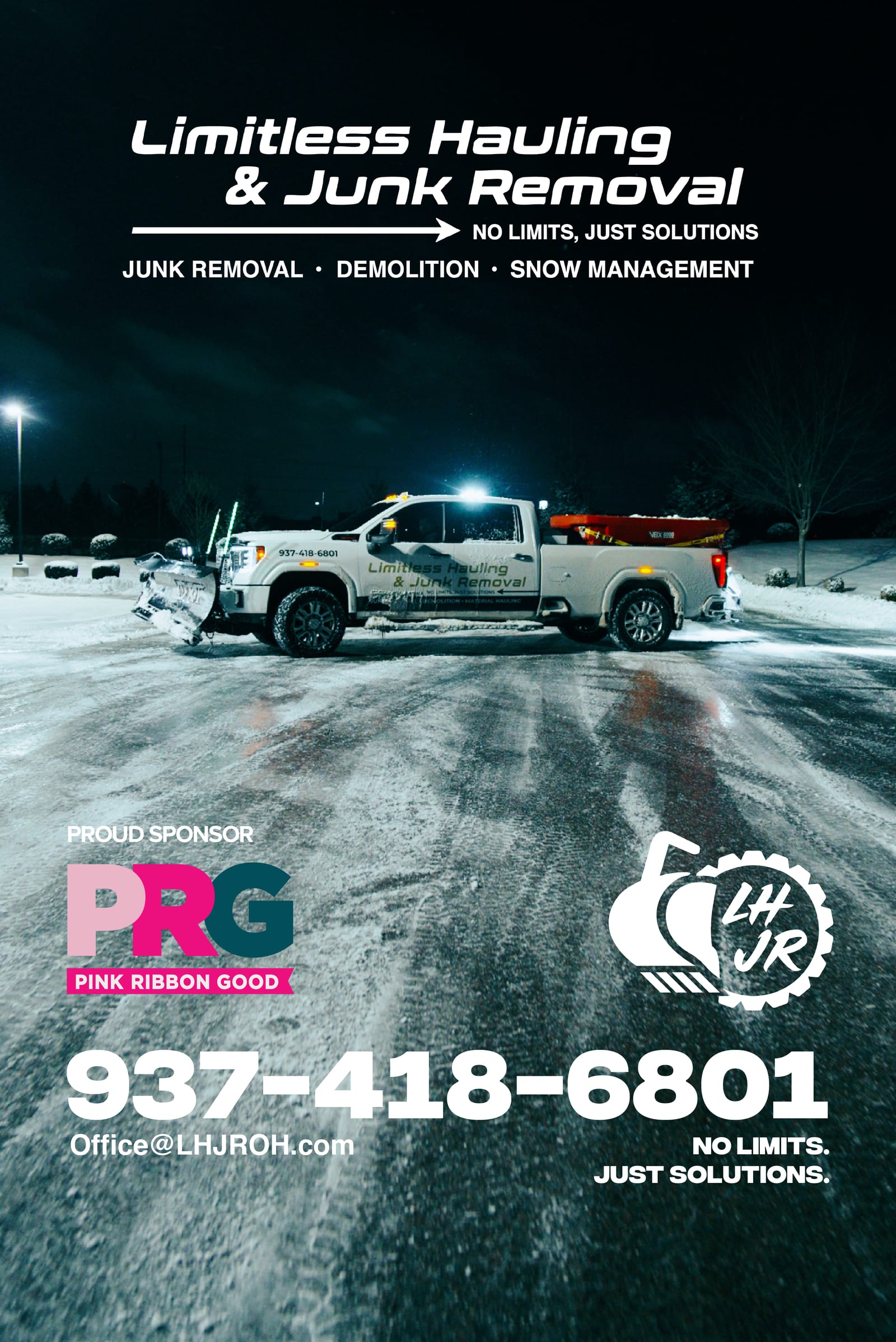 A Limitless plow truck clearing a commercial parking lot at night under floodlights